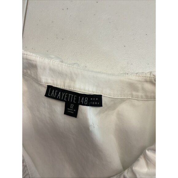 Lafayette 148 White Button-Down Sleeveless Blouse Ruffle Neck Cotton Stretch 12 - Picture 3 of 7